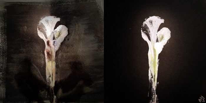 Two side-by-side images of a flower. The original illustration, on the right, is of a pristine abstract lily. The image on the left was intentionally overworked (in a fashion not unlike most of the 90s).